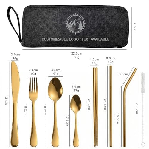 Personalised Engraved Cutlery Set | Custom Adult Cutlery Set | 9-Piece Stainless Steel Utensils | Knife, Fork, Spoons, Chopsticks & Straws | Portable Travel Case with Engraved Logo/Text (Gold) — view 2