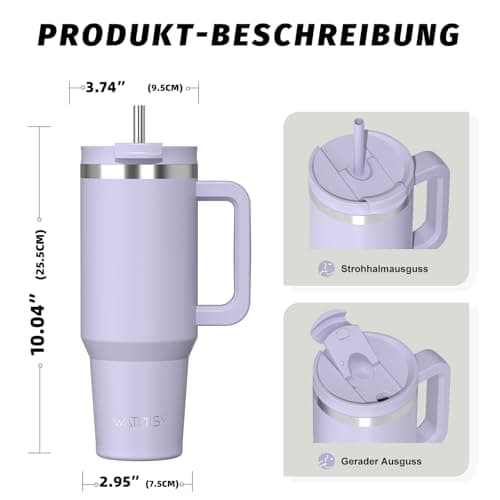 WATERSY 40oz Travel Mug Coffee Cup with 2 Straws, Tumbler Lid and Handle, Stainless Steel Double Wall Vacuum Insulated Coffee Water Bottle Thermal for Cold Hot Coffee 1182ml Purple — view 3