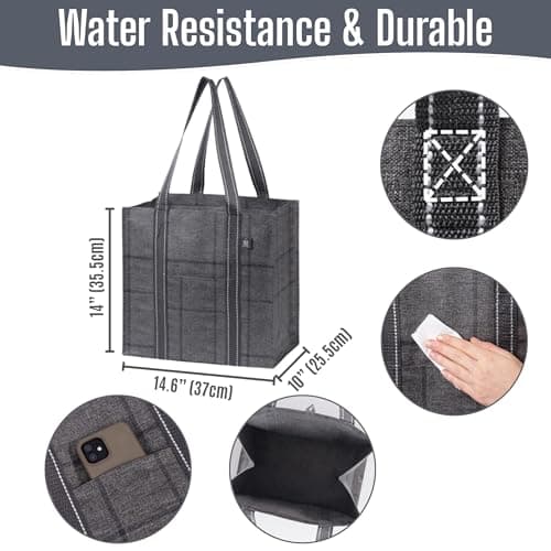 VENO 4 Pack Reusable Grocery Shopping Bag w/Hard Bottom for Trolley Cart, Heavy Duty Tote Bag for Life w/Front Pocket, Beach Bag, Multi-Purpose Water-Resistant(Windowpane, 4 Pack) — view 3