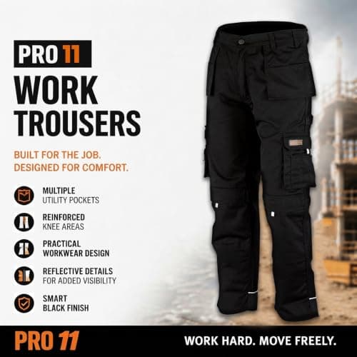 WrightFits Men Pro-11 Work Trousers Black - Heavy Duty Safety Combat Cargo Pant - Multi Pockets & Knee Pad Pockets - Triple Stitched -Durable Work wear (38W X 31L, Black) — view 5