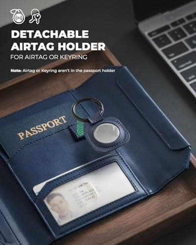 VULKIT Slim Passport Holder RFID Blocking, Leather 2-3 Passports Wallet, Travel Essential, Magnetic Closure, Detachable AirTag Holder, Blue — view 4