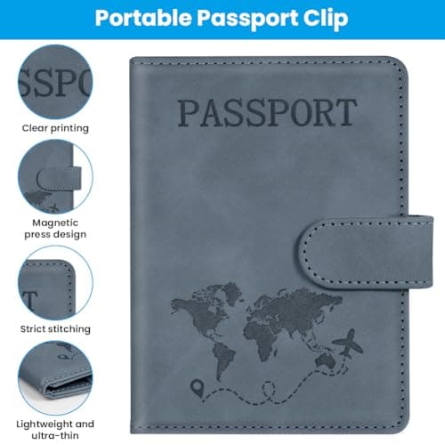 AOOTE Passport Holder Cover Wallet Case, PU Leather RFID Blocking Passport Cover Case with Card Slots, Passport Holder for Passports Ticket Boarding Passes Credit Cards Business Cards, Sea Grey — view 5