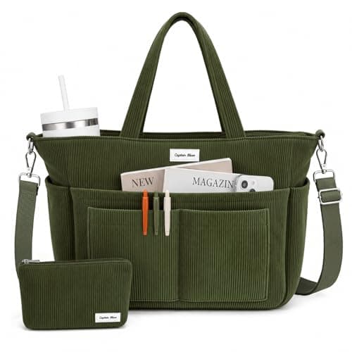 Captain Blues Corduroy Tote Bag for Women with Zip, Large Capacity Work Bag with 14 Pockets & Compartments, Adjustable Shoulder Strap, Ideal for School, Travel, College & Teachers (Green)