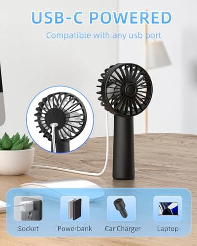 Portable Handheld Fan, Small Personal Hand Fan with 3 Speeds 1800mAh USB Rechargeable, Mini Hand Held Fan for Makeup Eyelash, Travel Gifts for Girls Women Kids — view 6