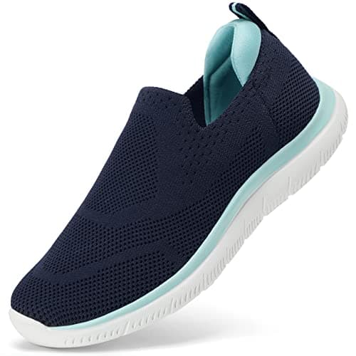 HKR Womens Trainers Slip on Ladies Shoes Walking Tennis Comfortable Nursing Sneakers Work Memory Foam Mesh Arch Support Navy Teal UK 5.5