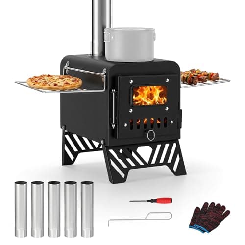 Foldable Hot Tent Stove with 5 Chimney Pipes, Viewing Window, Gloves & Poker - Portable Carbon Steel Wood Burning Camping Stove for Outdoor Cooking and Heating (20x30cm Folded)