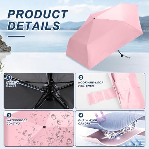 SCCGKP Mini Travel Umbrella Ultralight UPF 50+ UV Blocker Sun Protection Umbrella, Small Micro Travel Parasol Design for Women Handbag Size，Pink — view 2