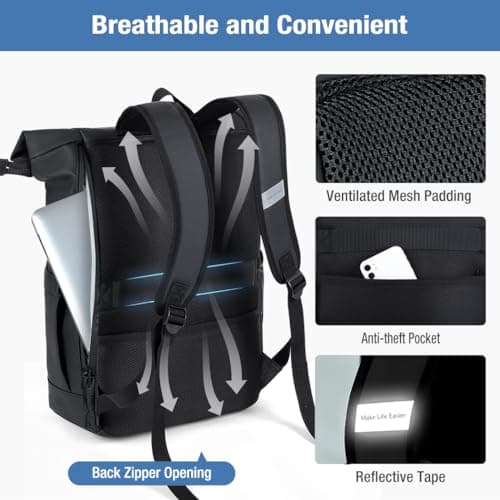 Lekeinchi Waterproof Laptop Backpack for Men and Women - Lightweight Roll Top Design for School, Travel, Business, Work, and Camping(Black) — view 5