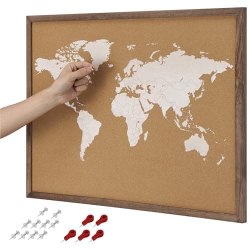 Navaris Cork World Map Pinboard Wood Frame - Cork Board World Map Poster - Large Travel Map with Pins - Cork Boards for Walls Bedrooms Offices - Map of the World Wall Art Pin Board