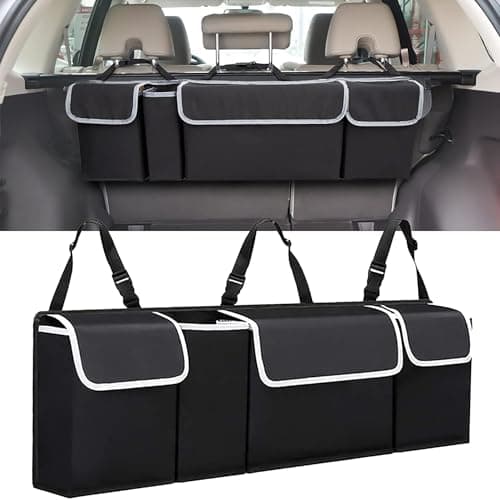 Car trunk organizer bag - storage accessory with adjustable straps, multiple pockets - suitable for cars, sedans, station wagons, SUVs, 4WD vehicles, foldable cargo net, rear seat cover, gadgets.