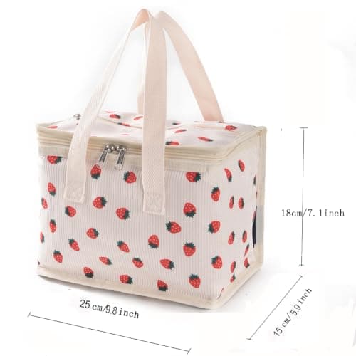 TEAMOOK Foldable Lunch Bag Insulated Lunch Box Water-Resistant Leakproof Soft Cooler Bag 8-10 cans Beige Strawberry — view 2