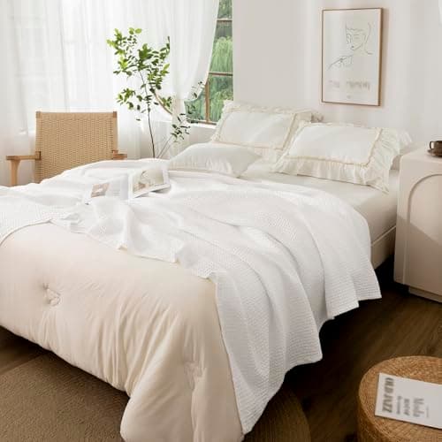 CHUFFED 100% Cotton Waffle Blanket Bed Throw Single Size-Throw Blanket for Bed Sofa Travel-Soft Lightweight Breathable Blankets and Throws for All Season Bleached White Throw 130x150cm — view 6