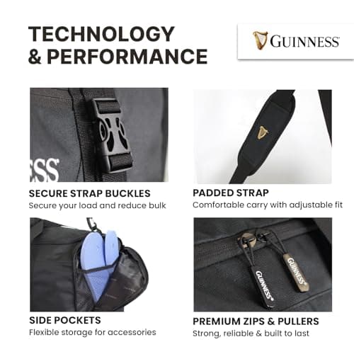 Guinness Official Sports Holdall – Black Duffel Bag with Shoulder Strap, 59x31x29cm, Gym, Travel & Weekend Bag, Spacious Main Compartment, Side Pockets, Branded Zippers — view 2