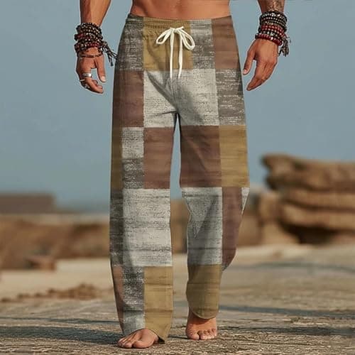 Mens Cotton Linen Trousers Hippie Pants Funny Graphic Patchwork Festival Clothes Light Breathable Summer Beach Jogging Bottoms Baggy Travel Quick-Dry Trackpants Elastic Waist Classic Work Trousers — view 2