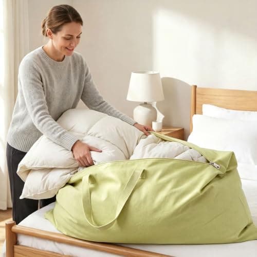 2 Pack Travel Pillow and Blanket Bags, 100% Cotton Canvas Pillow Storage Bag with Handles, Heavy Duty Breathable Organizer for Bedding Linens, Pillow Bag for Traveling(2,Olive Green,20"x36") — view 4