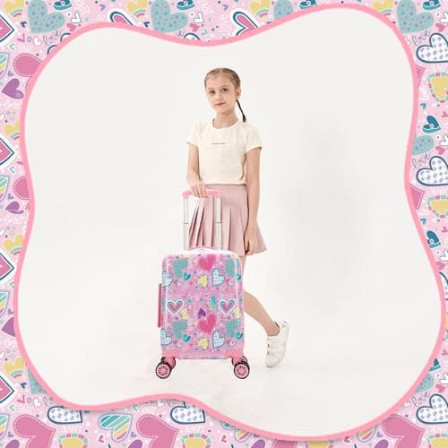 HTgroce 2 Pcs Children's Suitcase, Travel Suitcase for Children with Travel Pillow, Luggage Tag, Suitcase for Girls with Universal Wheels, A-pink Heart, M — view 5