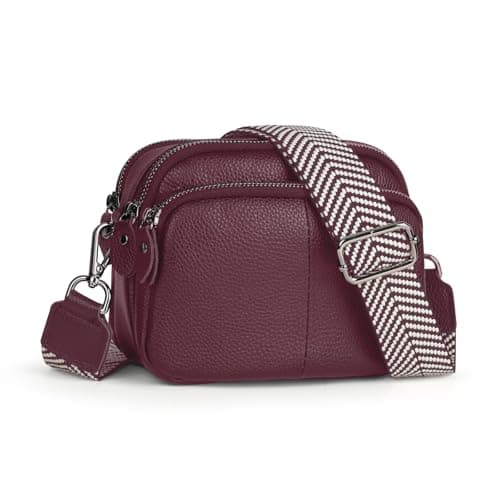befen Red Genuine Leather Cross Body Bags for Women Small Shoulder Bags Triple Camera Bag for Women Cell Phone Bag with Wide Adjustable Strap