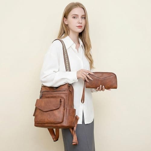 BOHJPIS Women Backpack Anti-Theft Lightweight Waterproof PU Fashion Travel Multipurpose Convertible Purse Shoulder Bag Handbag Backpack (Brown) — view 3
