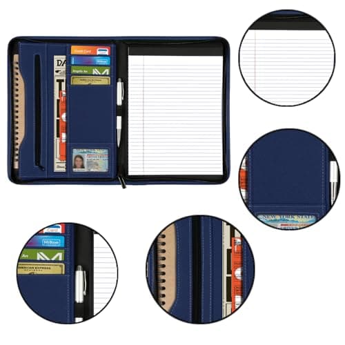 Gorbado Zippered Portfolio Organizer/ A4 Refillable Lined Writing Notepad Folder Case/Fabric-Covered Padfolio Binder with Interior Storage Pocket for Men Women, Navy Blue — view 6