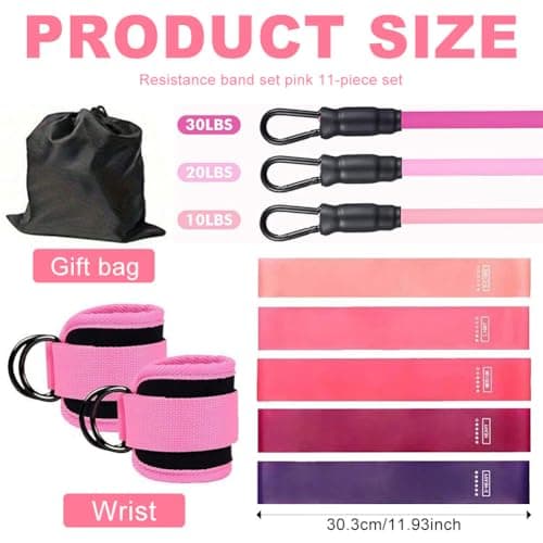 LEBKFT 11-Piece Pink Resistance Bands Set with Ankle Cuffs, Home Gym Booty Exercise Equipment for Women and Men Leg & Glute Workout for Pilates Yoga and Strength Training — view 2