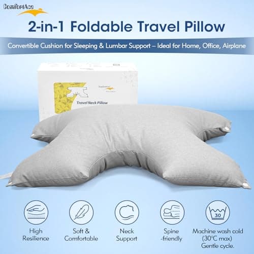 ComfortAce 3-in-1 Travel Neck Pillow for Side/Stomach/Back Sleepers,Foldable Travel Pillow for Airplane&Hotel,Lumbar Support Cushion for Office Chair, OEKO-TEX® Cover with Snap Fasteners for Suitcase — view 2