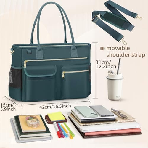 RAINSMORE Laptop Tote Bags for Women 15.6 inch Teacher Bag Large Nurse Utility Bag Computer Messenger Briefcase with Insulated Pocket for Work School Office Business University Dark Green — view 6