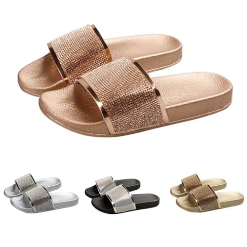 Momolaa Clearance UK 6 Womens Slip on Glitter Diamante Holiday Summer Open Back Mule Sliders Sandals Flip Flop Beach Inddor Outdoor Slippers Sandles Rose Gold