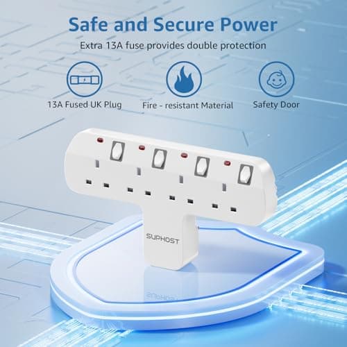 SUPHOST Plug Extension Socket, 4 Way Plug Adapter with 180 Degree Rotating UK Plug, 13A Fused Multi Plug Adaptor with 4 Independent Switches, Wall Socket Extension for Home Office Kitchen — view 6