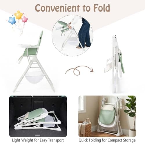 COSTWAY Foldable Highchair for Babies and Toddlers, Compact Lightweight High Chair with 3-Position Adjustable Tray & Footrest, Removable Seat Cushion (Green with Basket) — view 5