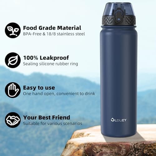 OLDLEY Stainless Steel Water Bottle with Straw 1L Vaccum Insulated Large Drink Flask Metal Water Bottles 1 Litre Leakproof Keep Drinks Hot Cold for Sports Bike Gym Adult Women Men(Navy Blue, 1 Lid) — view 5
