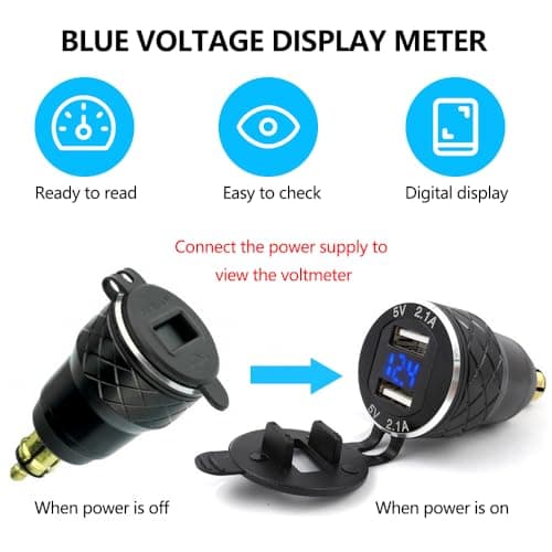Lunriwis Aluminum Alloy Motorcycle USB Charger DIN Plug Charger Metal Quick Charge Adapter with Voltmeter with 2 USB Ports for BMW Ducati — view 2