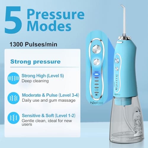 H2ofloss Cordless Portable Water Dental Flosser, 5 Mode IPX7 Waterproof Oral Irrigator, 300ML Rechargeable WaterFlosser for Teeth Cleaning - Sky Blue — view 2