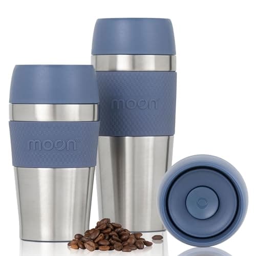 Moon 360° Travel Mugs - Leakproof Reusable Coffee Cup for Hot Drinks - Insulated Stainless Steel Thermal Mug, Fits Car Cup Holders (450ml, Recycled Metal/Blue)