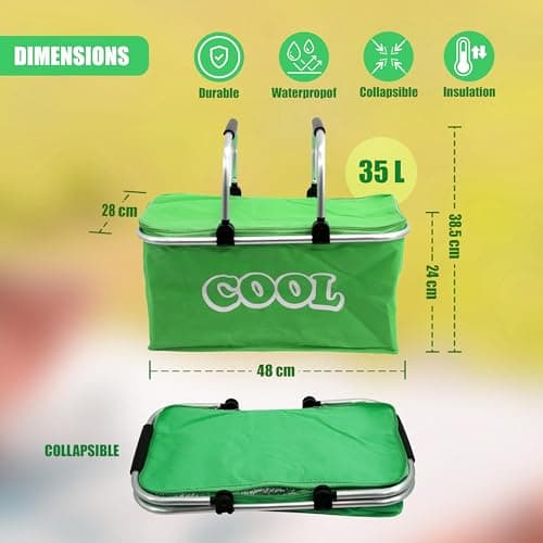 GEEZY Mint Green Cool Bag – 35L Large Insulated Picnic Basket, Folding Cooler Box with Sturdy Aluminium Frame & Strong Handles, Ideal for Camping, Shopping, Outdoor Use – Versatile & Durable — view 5