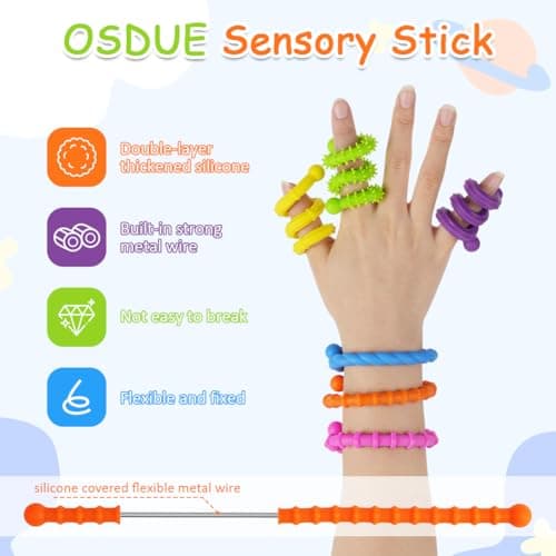 OSDUE Silicone Fidget Toys Sensory Stick, 6 Pack Textured Calming Sensory Toys or Autism Kids, Anxiety Relief for Activities Essential, Airplane Travel Toy for Kids Adults — view 3