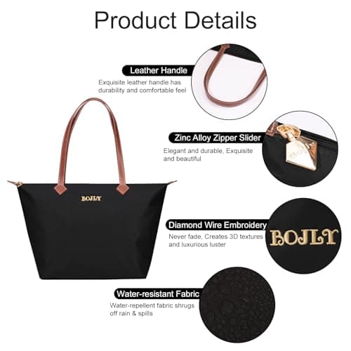 BOJLY Large Capacity Waterproof Tote Bag for Women - Foldable Reusable Shopping Bag for Travel, School & Work - Lightweight Packable Shoulder Bag, Black — view 4
