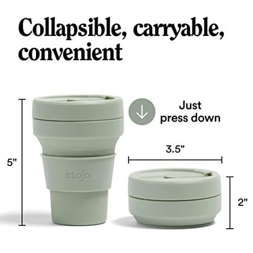 STOJO On-The-Go Collapsible Coffee Cup - 12oz / 355ml - Reusable & Foldable Silicone Travel Mug with Lid - Portable, Pocket Size - Dishwasher Safe - Sage — view 6