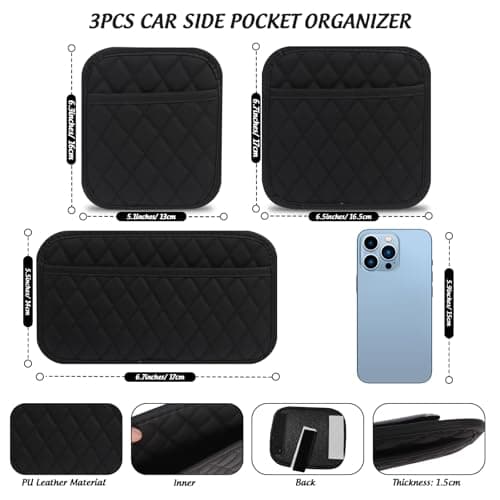 Sueving Car Side Pocket Organizer, 3pcs Black Car Seat Gap Filler Organizer, PU Leather Cars Door Pocket Pouch for Coins, Glasses, Phones, Cards, Keys (Black) — view 2