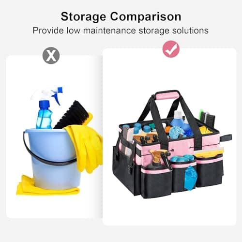 M.J COMFY-LIFE Cleaning Caddy Organizer with Handle, Large Multi-Compartment Cleaning Tote Bag with Removable Dividers, Adjustable Shoulder Strap & Waist Belt for Cleaning Supplies (PINK) — view 3