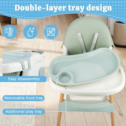 Baby High Chair Foldable Highchair, High Chairs for Babies and Toddlers Adjustable Height & Reclining Seat Detachable Double Tray, Ergonomic Feeding Portable Highchairs for Newborn 6 Months to 5 Years — view 6