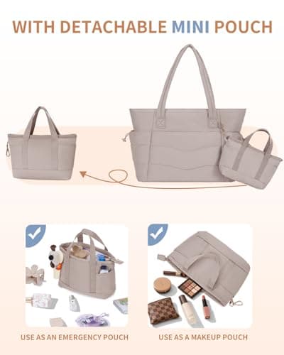 Tote Bags for Women with Zipper, Set of 2 Shoulder Handbags with 15.6 Inch Laptop Compartment & Water Bottle Pocket for Work School Travel College,Beige (Patent Pending) — view 4