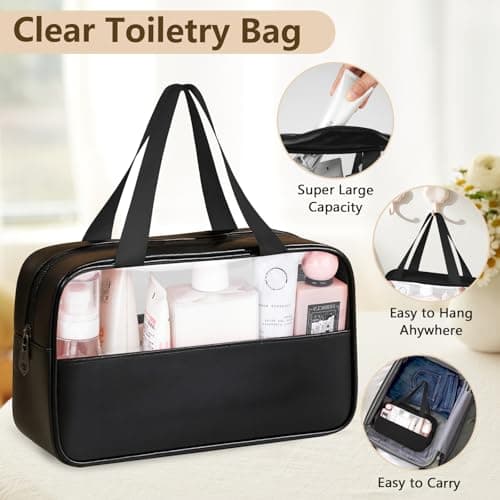 MOXYOY Clear Travel Toiletry Bag,Portable Makeup Bag Cosmetic Wash Bags,with Zippers Travel Essentials,PVC+PU Hanging Transparent Waterproof Bag,Vacation Bathroom Organizer,for Women and Men (Black) — view 5