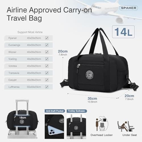 SPAHER Small Cabin Bag 35x20x20 for Ryanair Travel Duffle Bag with Wet Pocket Carry-on Hand Luggage Lightweight Airport Holdall Tote Overnight Weekend Suitcase Bag Waterproof Handbag Women Men — view 3