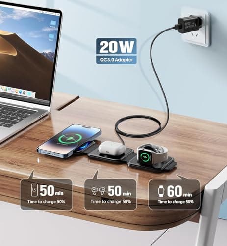 3in1 Foldable travel mag-safe charger, OneCut wireless charging station for iPhone 17/16/15/14/13/12 Series, Apple Watch Charger for iWatch 10/9/Ultra 2/Ultra/8/7/6/SE/5/4/AirPods 4/3/2/Pro — view 2