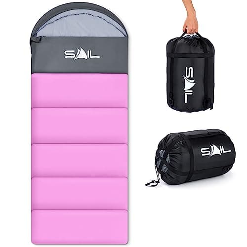 SAIL Sleeping Bag for Adults & Kids, 3 Season Autumn/Spring/Summer 250GSM - Waterproof, Lightweight & Compact, Ideal for Camping, Hiking & Backpacking - Pink
