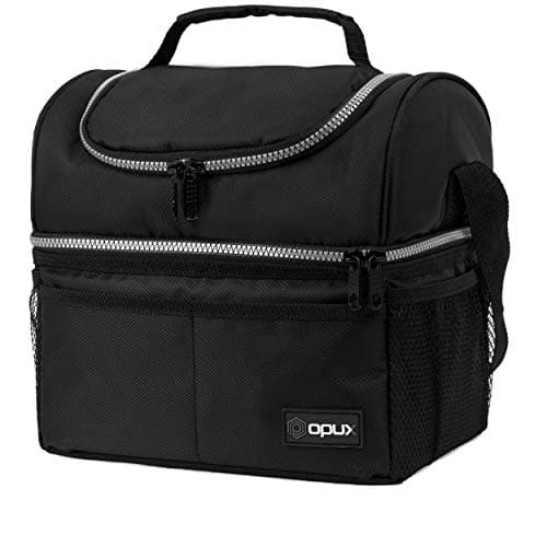 opux Insulated Lunch Bag for Men Women, Double Decker Leakproof, Black