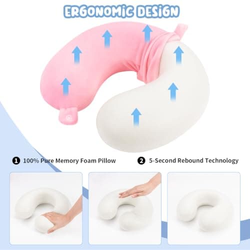 WENGX Travel Pillow Neck Pillow Memory Foam Travel Pillows Head Support Cushion for Airplane Train Car Office Travel Essential Flight Pillows for a Long Hauls Sleeping Rest (Pale Pink) — view 4
