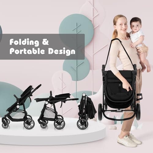 COSTWAY 2 in 1 Baby Pushchair, Foldable Travel System Pram with Reversible Seat, Adjustable Canopy, Storage Basket, Cup Holder, Lightweight Infant Stroller for 0-36 Months (Black) — view 5