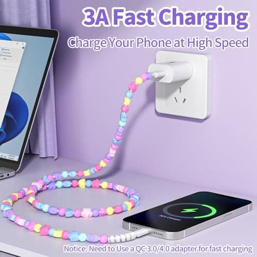 Coolden for iPhone Charger Cable 1M 66W 3A Fast Charging Phone Charger Cables Cute Stars Beaded Girls Women iPhone Charging Cable for iPhone 14 13 12 11 Pro Max XS XR X 8 7 6, iPad and iPod-Colorful — view 3