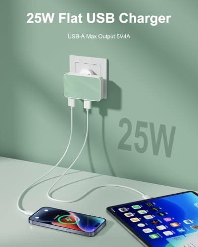 USB Charger Flat 25W, 4 Port Multiple Travel Adapter Charging Block,4 USB-A Plug Fast Chargers for iPhone, Samsung, iPad, AirPods(Green, 25W 4A) — view 2